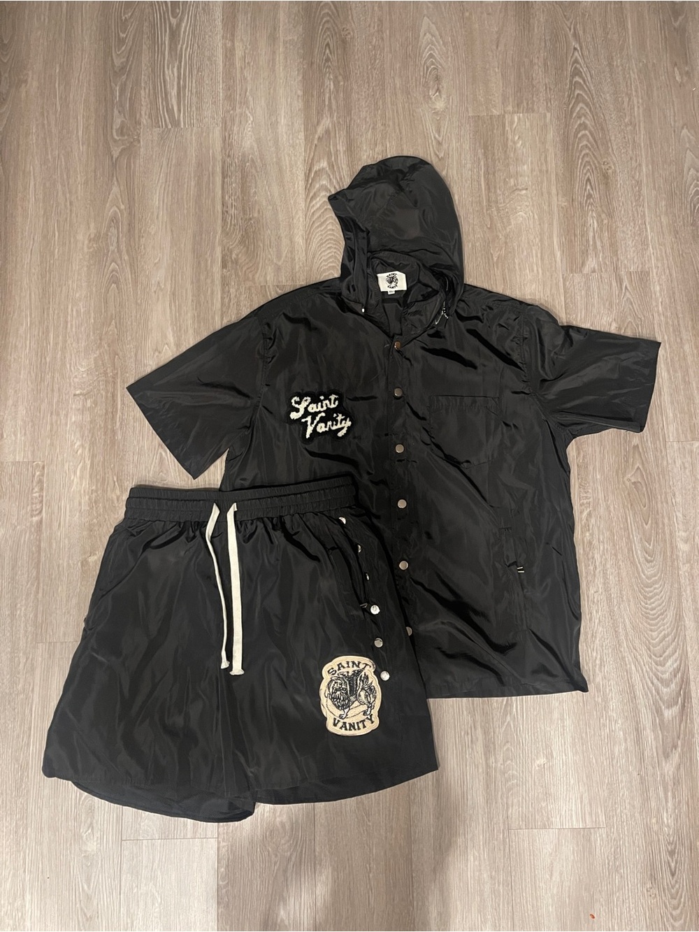 Black Hooded Short-Sleeve Jacket & Shorts